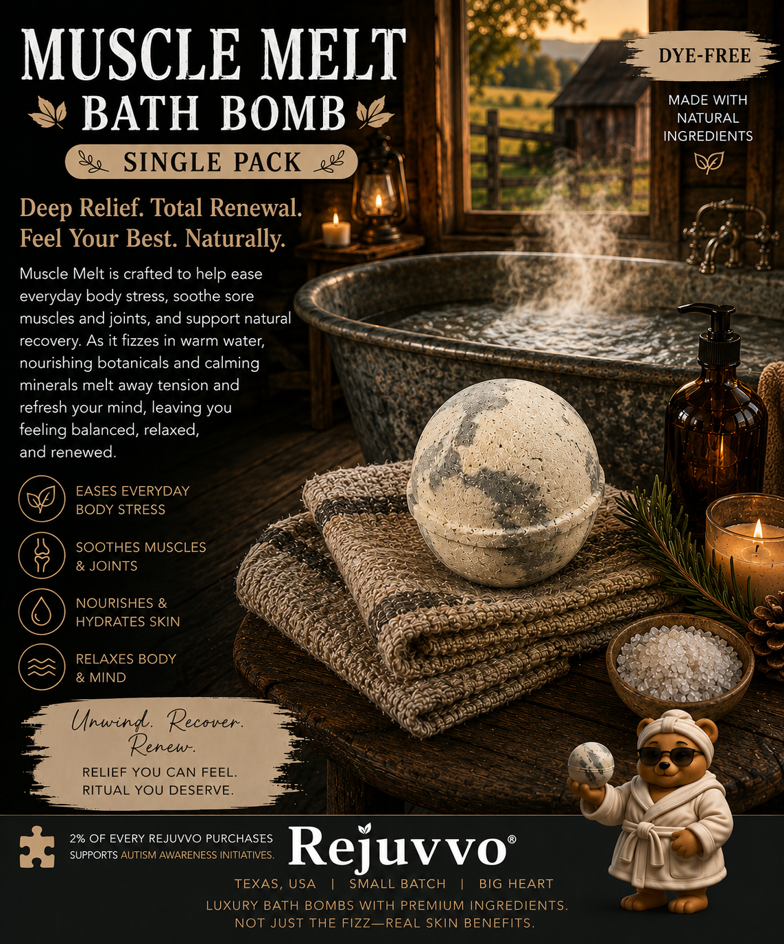 Muscle Melt Bath Bomb | Dye-Free Wellness Series