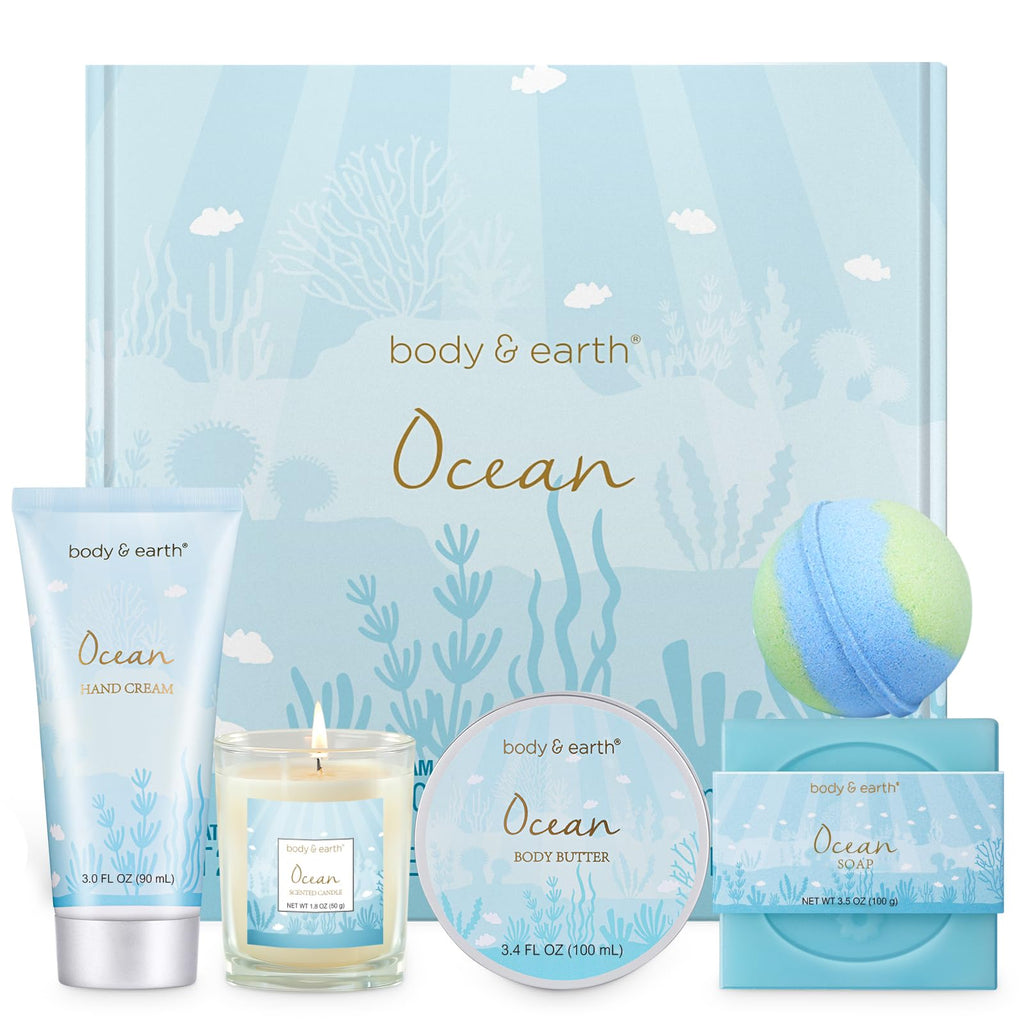 Gifts for Women Bath and Body Gift Sets for Women with 5 Pcs Ocean Scented Spa Gifts for Women Bath Gifts for Women with Scented Candle Body Butter Hand Cream Bath Bomb Womens Gifts for Christmas